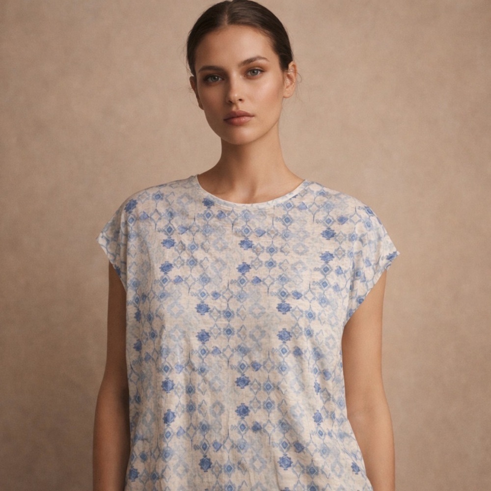 Orvis Blue & White Printed Cap Sleeve Top | XS | Made in Peru